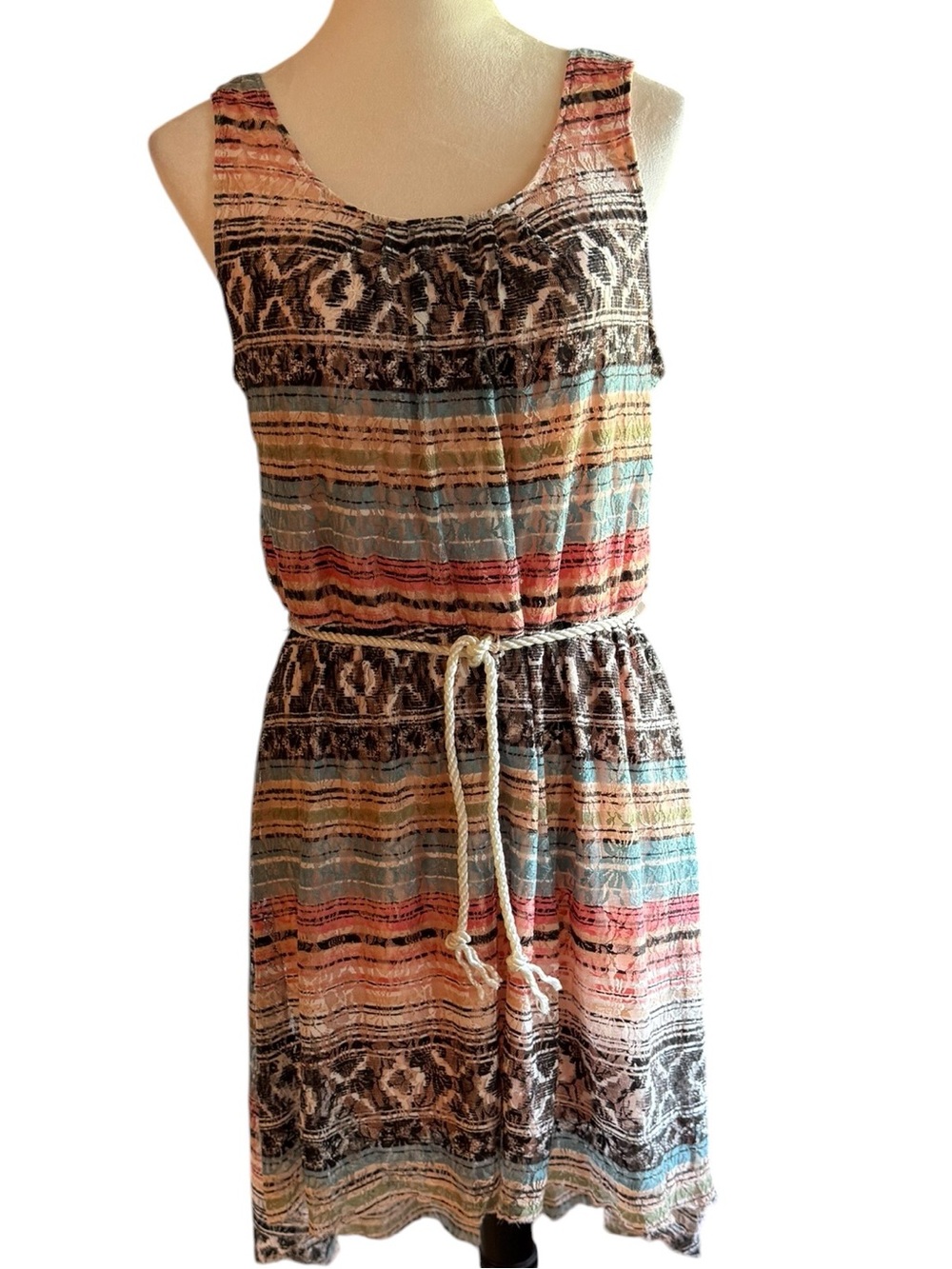 Derek Heart Striped Ikat Print Sleeveless Hi-Low Dress - Coral, Teal, Beige